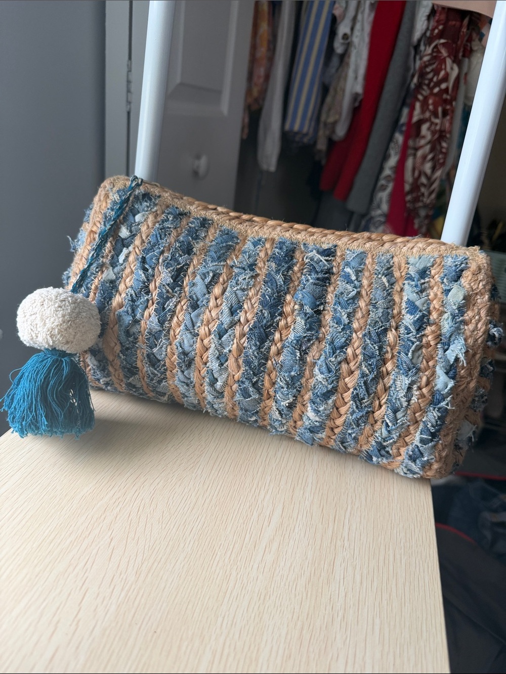 Antik Kraft Tan and Blue Woven Pom-Pom Clutch